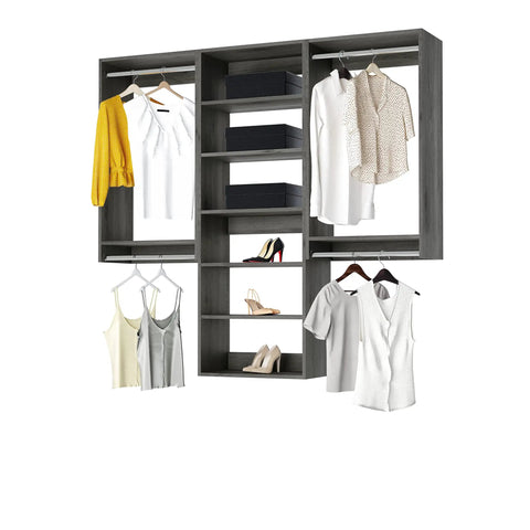 Sleek Modular Closet Organizer Wall Mounted Kit With Heavy Duty Hanging Rods Adjustable Shelves Smooth Glide Rails Grey Finish No Sweat Installation Organization System showcasing clothes and shoes.