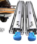 Heavy Duty 20 Inch Drawer Slides Full Extension Locking Ball Bearing Rails For Side Mount Cabinets 250 LB Load Capacity 53mm Width With Lock Built Tough Steel For Smooth Quiet Drawers. Two steel drawer slides with blue locking mechanism and ball bearings, visible in front view with industrial storage application.