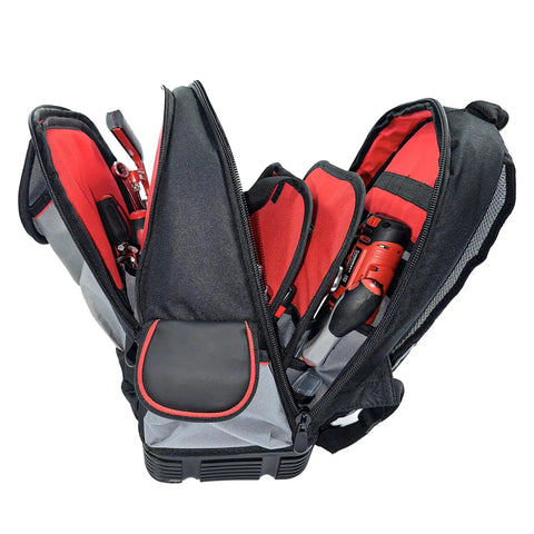 Heavy Duty Tool Backpack For Pros With 51 Pockets HVAC Electrician Plumber Garden Tool Carrier Built Tough In 600D Polyester Open View