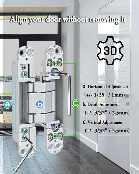 Heavy Duty Hidden Door Hinges 2 Pack, 6 Inch Concealed Hinge showing 3-way adjustment system for secure door alignment.
