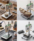 Precision Mini Bench Drill Press With 12V Power Supply For Watch Repair And Tiny Electronics on a wooden worktable with tools.