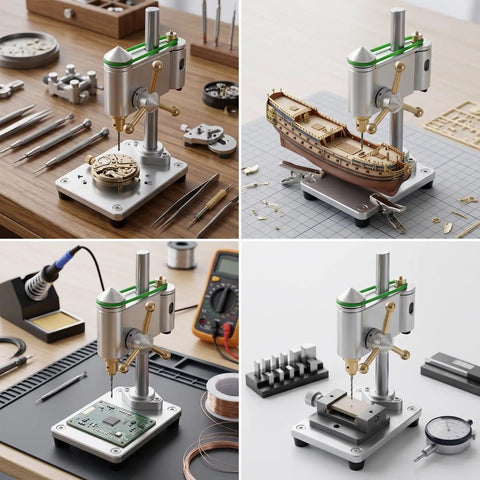 Precision Mini Bench Drill Press With 12V Power Supply For Watch Repair And Tiny Electronics on a wooden worktable with tools.