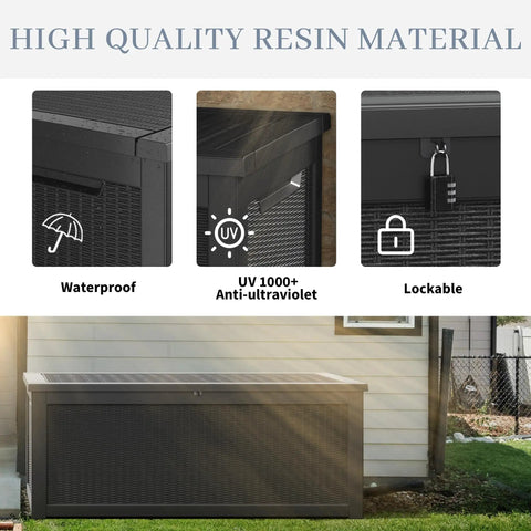 Close-up of 320 Gallon Outdoor Storage Box Resin Deck Box waterproof, UV 1000+ resistant, lockable, rattan black finish.