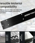 Versatile sheet metal bender displaying material compatibility for stainless steel, cold rolled steel, and galvanized sheets.