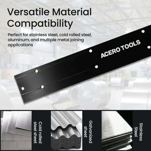 Versatile sheet metal bender displaying material compatibility for stainless steel, cold rolled steel, and galvanized sheets.