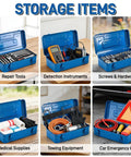 Portable Steel Toolbox 16 Inch with Double Latch Closure and Easy Carry Handle Blue Tough as Nails Heavy Duty Metal Toolbox showing various storage uses for workshop and garage organization.