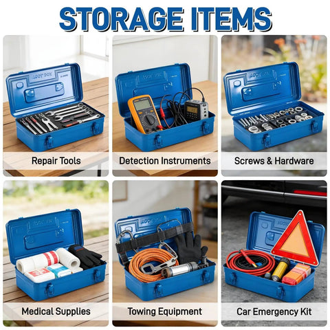 Portable Steel Toolbox 16 Inch with Double Latch Closure and Easy Carry Handle Blue Tough as Nails Heavy Duty Metal Toolbox showing various storage uses for workshop and garage organization.