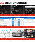 Diagram showcasing full OBD functions of All-In-One OBD2 Scanner With Battery Tester Avometer Full OBDII Diagnosis And Starting And Charging System Tests For 12 Volt Batteries Versatile Vehicle Diagnostic Tool For American Asian And European Cars.