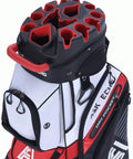 Badass White Golf Cart Bag Featuring T Lock Quiet Top Technology, showing 14-way divider top and storage pockets.