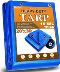 Heavy Duty Twenty By Thirty Foot Waterproof Tarp Thats Super Thick At Sixteen Mil And Tough As Nails For All Your Outdoor Needs Like Camping Tent Roof Boat Car Pool And Ground Cover In Blue. Close-up of folded blue tarp showing grommets and package details.