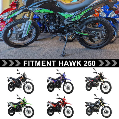 Heavy Duty Kick Stand For Hawk 250 XR150 TBR7 Dirt Bike Steel Motorcycle Side Stand Stable Upright Support For Off Road Rides 1 Piece Corrosion Resistant Mount Easy Install shown on green dirt bike.