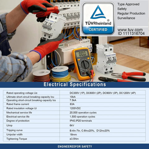 Close-up of Tough As Nails 32A DC Miniature Circuit Breaker Rated Up To 600VDC, showing electrical specifications and tools.