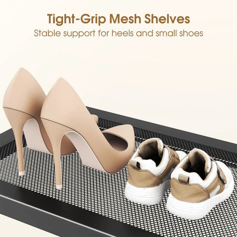 Adjustable Expandable Metal Shoe Rack For Closet Featuring Sturdy Mesh Shelves That Keep Ya Boots And Heels Straight Up Tidy Stackable Storage Organizer For Entryway Garage And Tiny Rooms In Matte Black Finish