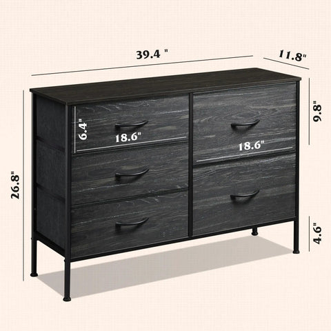 Roomy Five Drawer Fabric Dresser For Bedroom And Living Room Storage With Drawer Organizers, charcoal black wood grain print