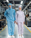 Versatile Two Piece Cleanroom Suit With Built Hood And Ultra Breathable Fabric Designed For Zero Sweat On The Shop Floor, featuring two individuals in blue and white suits.