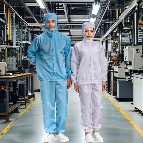 Versatile Two Piece Cleanroom Suit With Built Hood And Ultra Breathable Fabric Designed For Zero Sweat On The Shop Floor, featuring two individuals in blue and white suits.