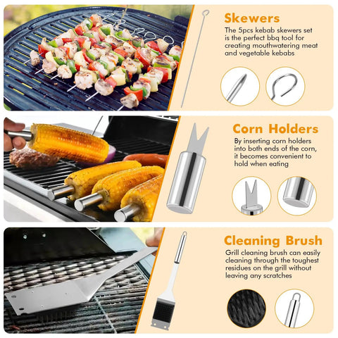 All In One Grill Tools Set 15 Pcs Stainless Steel BBQ Accessories Kit showing skewers, corn holders, and cleaning brush in use.