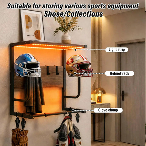 Badass Motorcycle Helmet Rack Wall Mount Featuring Remote Controlled RGB Ambient Light Strip For Grease Monkey Gear Storage With Solid Wood And Steel Build System displaying helmets, light strip, and glove clamp.