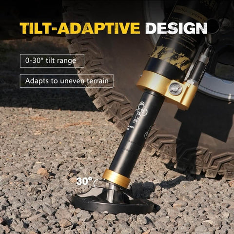 Portable Hydraulic Recovery Jack With Lift Mate For Off Road 4x4 SUVs, ATVs, And UTVs, Beefy 19,400 Lb Lifting Capacity, Rugged Aluminum And Steel Construction Built To Tackle Mud, Trails, And Rough Terrain shown on uneven terrain with 30-degree tilt adaptive design.