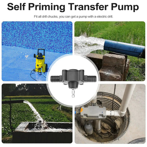 No Sweat Self Priming Drill Transfer Pump For Water And Fluids Portable Lightweight Plastic Tool showing different uses and connections.