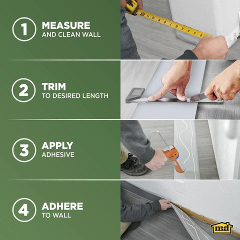 Installation steps for 4 Inch Wide Dry Back Vinyl Wall Base Roll With Flexible Toe Kick No Fuss Easy Install Molding For Floors And Baseboards White Vinyl Trim For A Clean Modern Look 60 Feet Long Durable Seamless Baseboard Finish