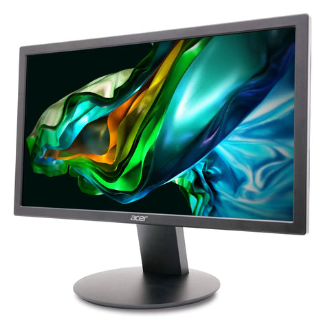 Front view of 19.5 Inch HD Plus Monitor displaying colorful abstract image, 1600x900 resolution, 75Hz, HDMI, VGA, VESA mount ready.