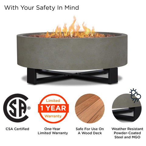 Contemporary Propane Fire Bowl 40x40 Inch Round Glacier Gray Finish No Fuss Weather Resistant Outdoor Fire Pit With 50000 BTU Stainless Steel Burner Lava Rock