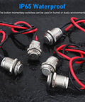 12mm Momentary Push Button Switch Kit, 10 Pack, Waterproof, Prewired for Cars and Boats, shown wet with IP65 waterproof rating