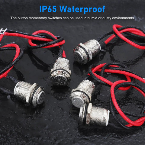 12mm Momentary Push Button Switch Kit, 10 Pack, Waterproof, Prewired for Cars and Boats, shown wet with IP65 waterproof rating
