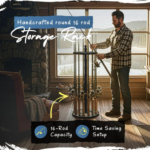 Man using 16 Rod Round Fishing Rod Holder For Garage With 360 Degree Access Keeps Up To 16 Rods Reels In Camouflage Finish