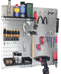 Galvanized Steel Pegboard Tool Organizer For Garage Wall Mount With Ultra Strong Construction, tools and shelves shown