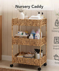 Three Tier Water Hyacinth Rolling Cart With Wheels Handwoven Utility Storage Rack filled with laundry supplies in a room.