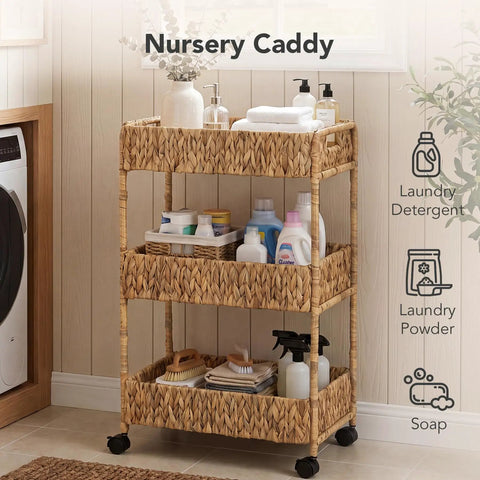 Three Tier Water Hyacinth Rolling Cart With Wheels Handwoven Utility Storage Rack filled with laundry supplies in a room.