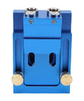 Premium Pocket Hole Jig Kit Featuring Adjustable 15 Degree Drill Guide And Dual Scale Slider, front view of blue aluminum body