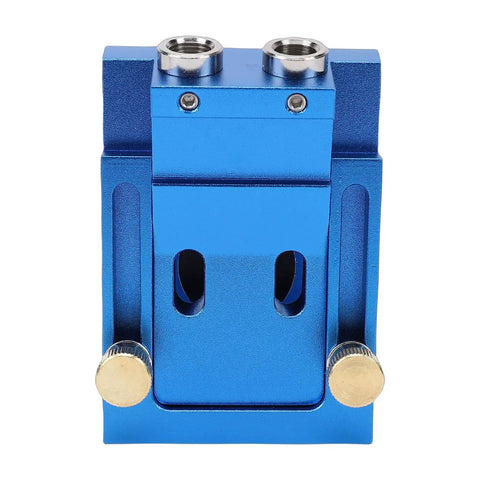 Premium Pocket Hole Jig Kit Featuring Adjustable 15 Degree Drill Guide And Dual Scale Slider, front view of blue aluminum body