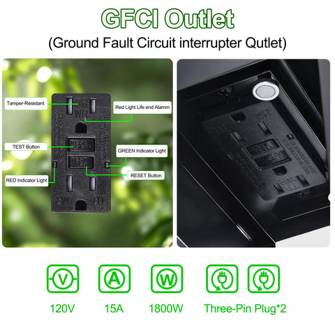 Close-up of GFCI outlet on Outdoor Wall Light With GFCI Outlet And Remote Plug In Porch Patio Entryway Lighting Black Finish