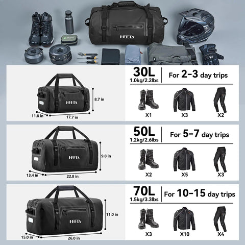 Waterproof Motorcycle Dry Bag 50L Duffel Luggage With Zippered Closure and Pocket Shoulder Straps