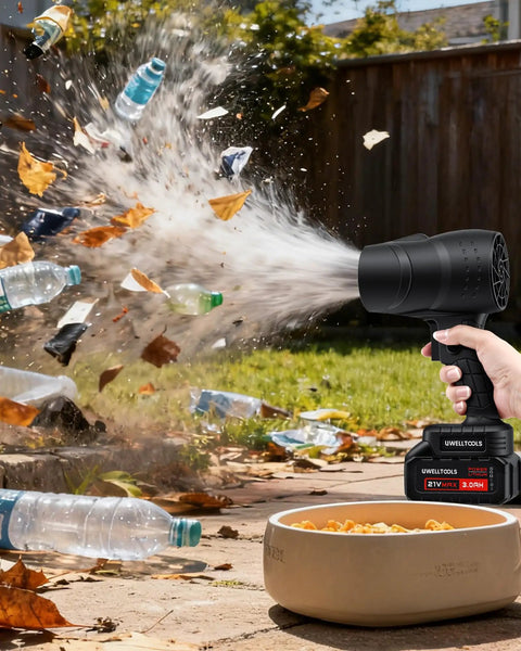 Person using Beast Cordless Leaf Blower With 350000 RPM Turbo Motor and Lightweight Handheld Design to clear yard debris