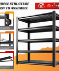 Heavy Duty 5 Tier Garage Shelving Rack With Adjustable Metal Shelves, Steel Storage Organizer For Tools And Parts, 3000 Lb Capacity, No Sag, Easy Assembly, Durable Garage Shelves shown assembled with five black metal shelves