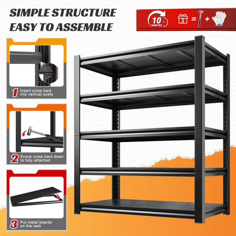 Heavy Duty 5 Tier Garage Shelving Rack With Adjustable Metal Shelves, Steel Storage Organizer For Tools And Parts, 3000 Lb Capacity, No Sag, Easy Assembly, Durable Garage Shelves shown assembled with five black metal shelves