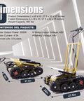 Dimensions of Huge Load Power Lift: Electric Stair Climbing Dolly 27.5 x 22 x 57 inches, folds to 27.5 x 22 x 15 inches.