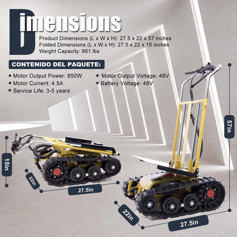 Dimensions of Huge Load Power Lift: Electric Stair Climbing Dolly 27.5 x 22 x 57 inches, folds to 27.5 x 22 x 15 inches.