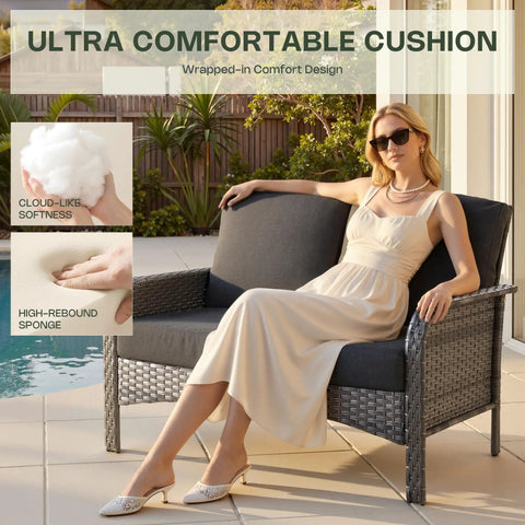 Woman relaxing on 5 Piece All Weather Patio Set With Wicker Chairs And Coffee Table High Back Swivel Rockers Modern Rattan Outdoor Conversation Set
