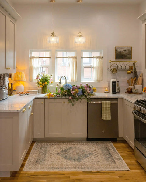 2 Pack Vintage Pendant Lights With Clear Striped Glass Shades And Slick Brass Finish Adjustable Hanging Fixtures For Kitchen Island Or Dining Room featuring warm LED bulbs above a modern kitchen countertop.