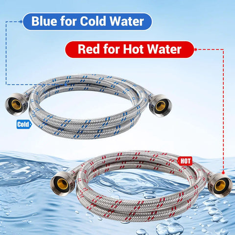 4 Ft Burst Proof Stainless Steel Washing Machine Hoses, 2 Pack Hot And Cold Striped Water Supply Lines with fittings