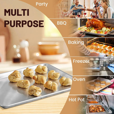 12 Pack Half-Size Aluminum Baking Sheets Pan Set, commercial grade with food on sheet, ideal for baking, oven and freezer safe use