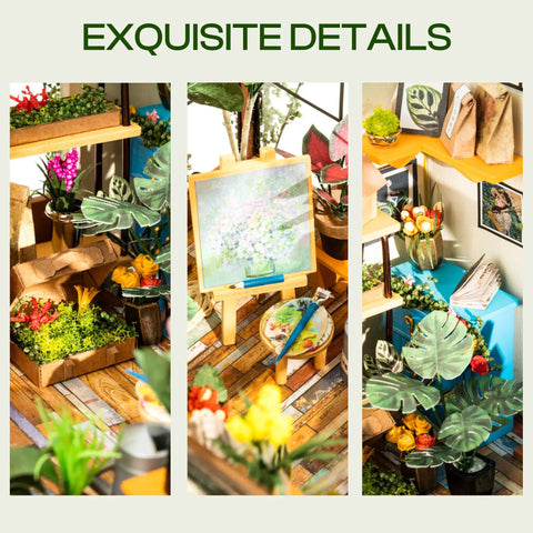 DIY Miniature Greenhouse Kit With Dope LED Lights 1 To 24 Scale Wooden Dollhouse With Realistic Furniture Gift For Adults Cathy's Greenhouse Edition Cozy Home Craft Project, featuring detailed interior view of plants and art supplies.