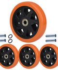 Six Inch Caster Replacement Wheels Four Pack Orange Heavy Duty Polyurethane With Hardened Steel Core Non Marking Tread Smooth Rollin Across Concrete And Wood Floors Built Tough As Nails For Any Rigorous Job Site Or Home Garage Setup showing four wheels and accessories.