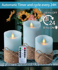 Ocean Blue Flameless LED Pillar Candles Set Of 3 With Remote And Timer, Nautical theme, flickering, on table with flowers