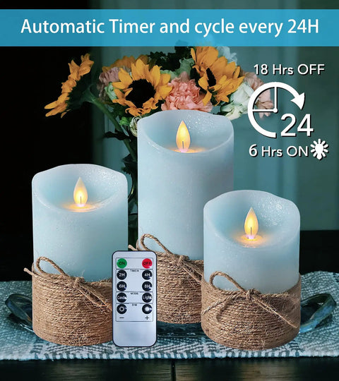 Ocean Blue Flameless LED Pillar Candles Set Of 3 With Remote And Timer, Nautical theme, flickering, on table with flowers